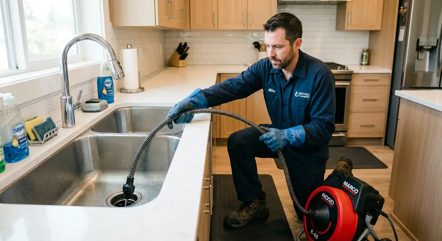 Drain cleaning technician using a motorized snake on a kitchen sink in West Columbia