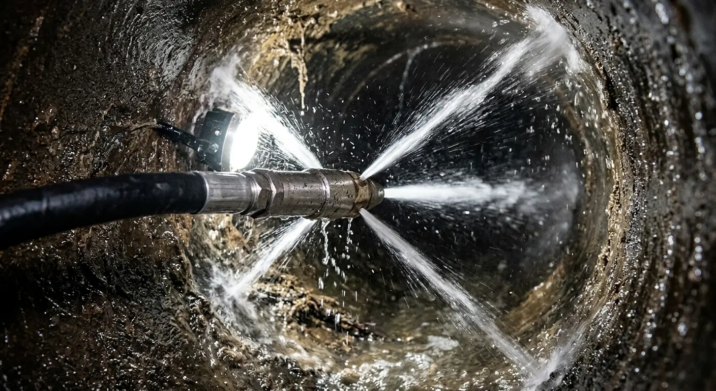 High-pressure hydro jetting nozzle cleaning sewer pipe for Trenchless Sewer Repair in West Columbia