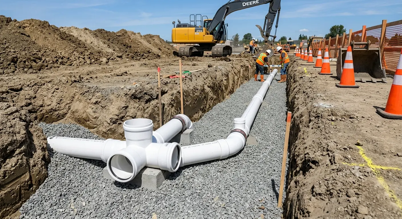 New PVC sewer pipe installation in open trench for Sewer Backup in West Columbia