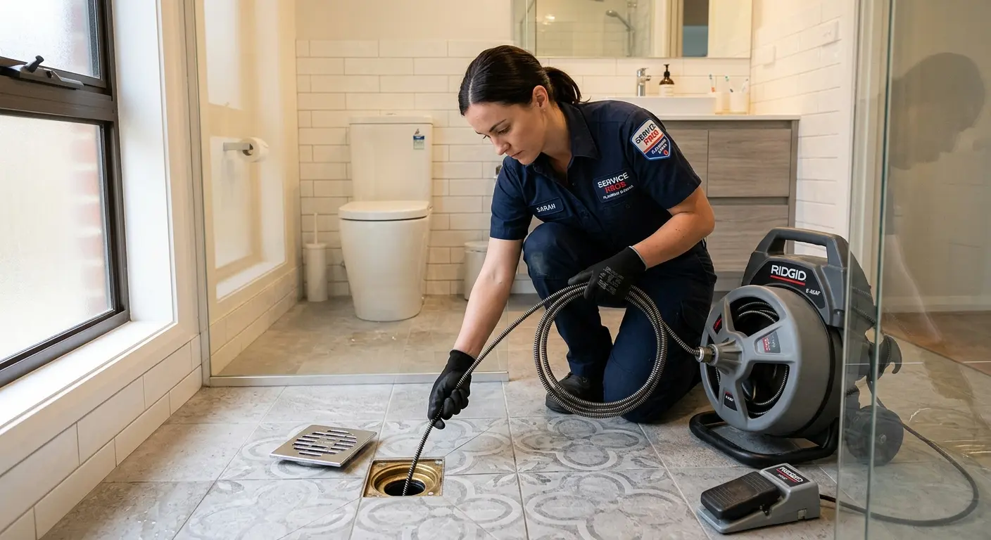 Technician clearing a bathroom floor drain for Sewer Line Replacement in West Columbia
